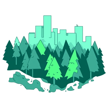 A teal city skyline is visible in the background, with tall buildings and skyscrapers of various shapes and sizes jutting into the sky. In the foreground, there is a lush forest filled with a variety of green trees. The edges of the forest appear to be gradually replaced by concrete structures, illustrating the encroachment of the city on natural land. The light of the setting sun casts shadows across the scene, highlighting the stark contrast between the vibrant greenery of the forest and the stark, angular lines of the urban landscape.