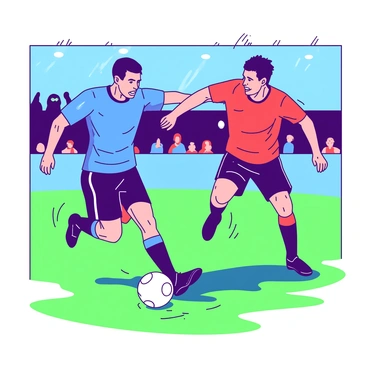 Two soccer players are engaged in a fierce battle for the ball on a vibrant green field. One player, wearing a blue jersey, is lunging forward with determination, while the other, donned in a red jersey, is poised defensively, ready to intercept. Bright stadium lights illuminate the scene, casting sharp shadows across the ground. The players' expressions reflect intense focus and competitive spirit as they reach for the ball at their feet. In the background, blurred silhouettes of cheering fans can be seen, adding to the electric atmosphere of the match.