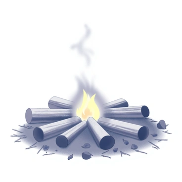 A small campfire with flames flickering at the center. Around the campfire, several logs are neatly stacked in a circular arrangement. The logs vary in size and shape, with some larger pieces resting horizontally while smaller ones are positioned vertically. The ground is covered in a layer of leaves and twigs, emphasizing the outdoor setting. Smoke gently rises from the fire, curling into the air above.