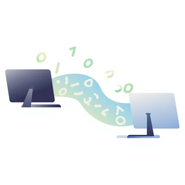 A stream of flowing binary digits, "1" and "0", is connecting two computers positioned on opposite sides of the image. The computers are sleek and modern, one is black and the other is silver. The binary stream flows like a river, with shimmering effects to suggest movement. The "1"s and "0"s are arranged in a cascading pattern, some rising and others falling as they travel between the computers. Each digit is illuminated, creating a glowing effect that contrasts against a subtle background.