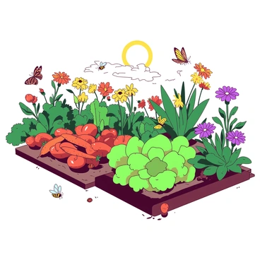 A vibrant yard features a potager garden filled with various vegetables and flowers growing alongside each other. The garden showcases rows of green lettuce, bright orange carrots, and vibrant red tomatoes interspersed with colorful blooms like yellow marigolds and purple zinnias. Butterflies and bees are actively flying around, pollinating the flowers, while a few ladybugs are resting on the leaves. The sun casts a warm glow over the garden, enhancing the lively colors of the plants and creating a lively atmosphere.