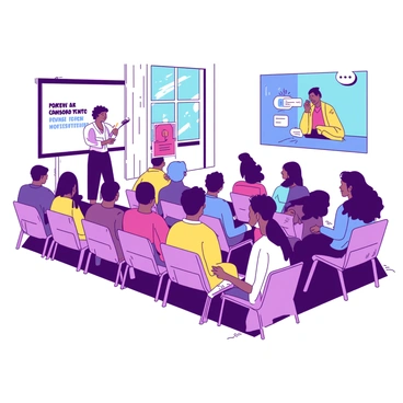 A group of diverse individuals is seated in rows inside a community center. They are attentively listening to a speaker standing at a podium. The speaker is holding a remote control in one hand and gesturing with the other hand as they present a colorful slide on a large screen behind them. The audience consists of men and women of various ages and ethnicities, some taking notes while others nod in agreement. Sunlight streams in through large windows, illuminating the space filled with light-colored chairs and a vibrant banner promoting the new initiative hanging on the wall.