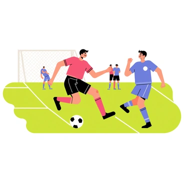 A skilled soccer player wearing a bright red jersey and black shorts is dribbling a black and white soccer ball. The player has a focused expression and is mid-stride, skillfully maneuvering the ball around a defender in a blue jersey who is attempting to block the move. They are on a lush green soccer field, with bright white lines marking the boundaries. In the background, a goalpost can be seen, and a few cheering fans are depicted in the distance.