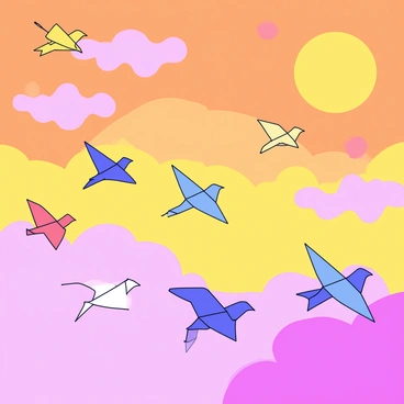 A flock of origami birds in various vibrant colors is flying across the sky. The birds appear to be gracefully soaring, their paper wings elegantly folded. The background features a sunset sky filled with warm hues of orange, pink, and purple, creating a beautiful gradient. Some birds are higher in the sky, while others are lower, creating a sense of movement and depth in the scene.