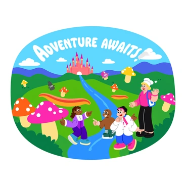 A group of gacha characters standing together, each showcasing unique designs and vibrant colors. The characters are diverse in appearance, featuring exaggerated features and playful outfits, ready for an adventure. They are positioned in a colorful fantasy landscape filled with oversized mushrooms, sparkling rivers, and rolling hills. A bright blue sky is dotted with fluffy clouds, while fantastical creatures can be seen in the background. Some of the characters are pointing towards a distant castle, while others are interacting with the whimsical environment. "Adventure awaits!" is written in a bold, playful font above them.