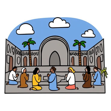 A group of people with various skin tones kneeling and praying in a large open square. The square is surrounded by ancient stone buildings with intricate designs. Some individuals are wearing traditional robes, while others are in simple clothing. They have expressions of reverence and concentration on their faces. In the center of the square, there is a large stone altar, and there are palm trees lining the edges, providing a contrast to the stone architecture. The sky above is bright blue with a few fluffy white clouds.