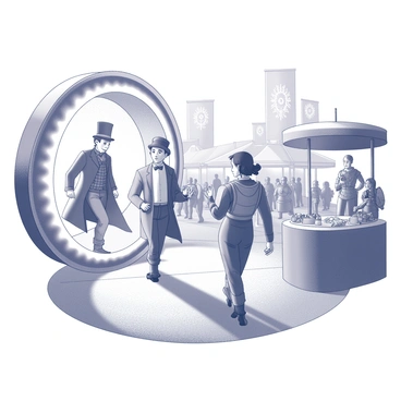 A group of three time travelers is stepping out of a circular time portal, which is emitting swirling patterns around its edges. The first traveler is wearing a vintage attire from the 19th century, complete with a top hat and a long coat. The second traveler is dressed in a futuristic jumpsuit with various gadgets attached to it, while the third is in an ancient warrior's outfit, complete with armor and a shield. They are entering a lively open market filled with stalls selling various goods, with people in period costumes bustling around them. In the background, there are historical buildings, with banners and flags displaying intricate designs. The scene captures a moment of surprise and curiosity as the travelers glance around at the vibrant historical surroundings.