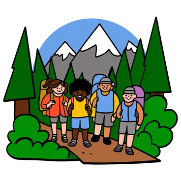 A group of four friends hiking together through a vibrant green forest. The friends are diverse in appearance: a woman with light skin and long wavy brown hair wearing a red jacket, a woman with dark skin and curly black hair wearing a yellow shirt, a man with light skin and short black hair wearing a blue hiking vest, and a man with tan skin and a buzz cut wearing a grey cap. They are all carrying backpacks and smiling as they navigate a narrow dirt path surrounded by tall trees and lush foliage. In the background, majestic mountains rise, partially covered with snow, under a clear blue sky.