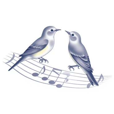 Two lovebirds are perched on a musical staff, facing each other. Each bird is engaged in singing a duet, their beaks slightly open to convey the melody. The lovebirds are intricately detailed, showcasing their distinctive features such as their rounded bodies and gentle curves. The musical staff consists of five lines, elegantly curving and extending horizontally. Notes are depicted along the staff, accentuating the birds' song, adding a rhythmic quality to the scene.