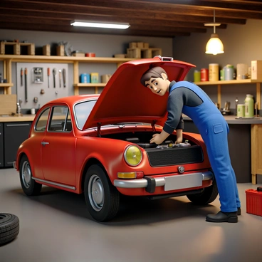 A mechanic with short brown hair and wearing a blue jumpsuit is bent over an open hood of a red car in a cozy garage. The garage has wooden shelves lined with tools, a workbench with a cluttered surface, and a few hanging lights casting a warm glow. The mechanic is using a dipstick to check the oil level, with a focused expression on his face. There are oil cans and a toolbox visible nearby, adding to the functional atmosphere of the space.