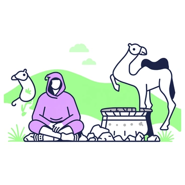 A mysterious traveler is sitting cross-legged beside an ancient stone well. The well is partially covered with a weathered wooden lid, surrounded by scattered stones and patches of dry grass. The traveler is dressed in flowing robes, with a hood obscuring their face, and they are leaning slightly forward in contemplation. In the background, two camels are positioned, standing calmly, one with a saddle on its back. The landscape features rolling sand dunes under a clear sky, suggesting a remote, arid desert environment.
