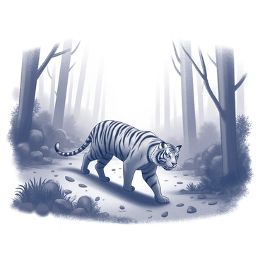 A lone Tasmanian tiger, recognizable by its distinct striped back, is shown moving stealthily through a misty wilderness. The environment is filled with thick underbrush and tall, shadowy trees that create a dense canopy overhead. The ground is covered with leaves and sparse vegetation, adding to the natural setting. A faint mist envelops the scene, partially obscuring the background and adding a sense of mystery to the atmosphere. The animal's keen eyes scan the surroundings as it navigates the terrain, blending into the wild landscape.