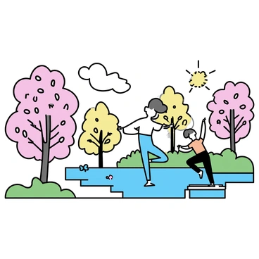 A spring scene of qi gong practice in a green park. A woman in a light blue outfit is performing a slow, graceful movement among blooming cherry blossom trees. The ground is covered with fresh green grass and colorful flowers.

A summer scene of qi gong practice by a serene lake. A man in a white outfit is standing on one leg, balanced on a small wooden dock. The sun is shining brightly, and the water reflects the vibrant blue sky. Lush greenery surrounds the lake.

An autumn scene of qi gong practice in a wooded area. A person in an orange outfit is performing stretches among trees with colorful falling leaves. The ground is a mix of orange and yellow leaves, creating a warm, vibrant atmosphere.

A winter scene of qi gong practice in a snowy landscape. A woman in a dark red outfit is practicing amidst tall snow-covered trees. The ground is blanketed in white snow, and the cloudy sky casts a soft light over the scene.