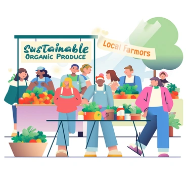 A vibrant farmers market from 2019 is bustling with activity. Stalls are filled with a variety of colorful, organic produce, including bright red tomatoes, green kale, and orange carrots. A sign above one stall reads, "Sustainable Organic Produce" in bold letters. People of different ages are browsing the market, some chatting with farmers while others are picking up fresh fruits and vegetables. A wooden table displays jars of homemade jams and a basket overflowing with fresh herbs. Sunlight filters through the trees overhead, casting dappled shadows on the ground. In the background, a banner flutters with “Local Farmers” written on it.