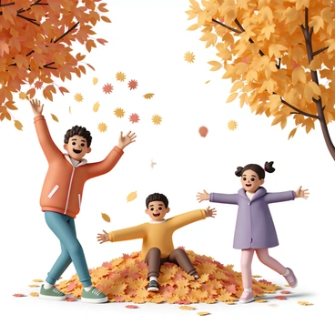A group of three children, two boys and one girl, are playing joyfully in a pile of colorful autumn leaves in a park. The first boy is wearing a red jacket, blue jeans, and green sneakers, while he throws leaves into the air, grinning widely. The second boy, dressed in a yellow sweater and brown pants, is sitting in the leaves, laughing and covering his face with his arms. The girl, wearing a purple coat and pink leggings, is walking through the pile, her arms outstretched, as she twirls around. Surrounding them are trees with vibrant orange, yellow, and red leaves, and the ground is blanketed with more fallen leaves. Sunlight filters through the branches, creating a warm and cheerful atmosphere.