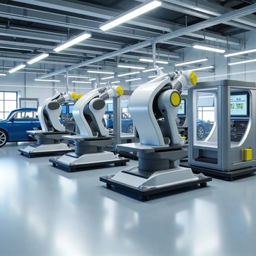 A large, high-tech factory filled with advanced machinery and robotic arms. Several robots are actively assembling car parts, showcasing their metallic surfaces and intricate joints. The setting is illuminated by bright overhead lights reflecting off the sleek machinery. In the background, a conveyor belt moves car parts, while monitors display operational data. The floor is clean and polished, emphasizing the modern industrial environment.