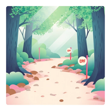 A winding path through a dense forest is visible in the foreground. The ground is covered with brown leaves and small rocks, creating a natural texture. Tall trees with green foliage stand on either side of the path, their trunks thick and textured. Along the path, several CPF milestones are placed at intervals, each marked with a distinct number and symbol. The sunlight filters through the leaves above, casting dappled shadows on the ground, and a soft breeze rustles the leaves, enhancing the serene atmosphere.
