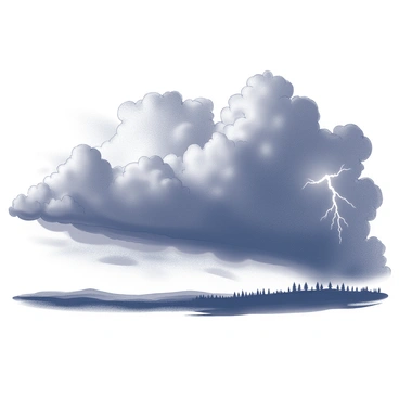 A vast sky filled with dark, billowing clouds, suggesting an impending storm. The clouds are thick and layered, with streaks of lighter gray where the light struggles to penetrate. In the distance, jagged flashes of lightning can be seen illuminating the clouds intermittently. The air appears charged with energy, and the atmosphere feels tense and expectant. A horizon line separates the turbulent sky from a sprawling landscape below, with silhouettes of trees or hills adding depth to the scene. The scene captures the essence of an approaching storm, with the sound of distant thunder rumbling, hinting at the power of nature.