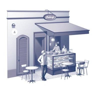 A traveler stands outside a quaint French café with a rustic facade. The café features charming wooden shutters and a small outdoor seating area with round metal tables and wrought-iron chairs. A sign hanging above the entrance showcases the café's name, inviting patrons in. Inside, the traveler gazes at the display case filled with appetizing pastries and, prominently featured, a freshly prepared "croque monsieur." The ambiance is lively, with other patrons enjoying their meals at neighboring tables. The café's interior includes patterned tile flooring and wooden beams accentuating the ceiling.