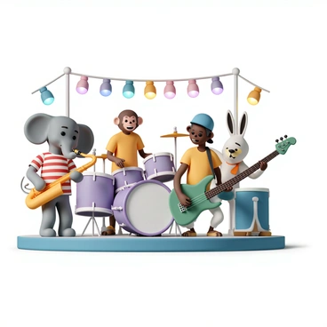 A group of cartoon animals performing on stage. A cheerful elephant plays a colorful saxophone, wearing a red and white striped shirt. Next to the elephant, a lively monkey strums a bright green electric guitar, donning a blue cap. A rabbit with long ears taps away energetically on a purple drum set, wearing a yellow t-shirt. In the background, a parrot sings into a microphone, sporting a vibrant orange scarf. Colorful stage lights illuminate the scene, creating a festive atmosphere as the animals enjoy their musical performance.