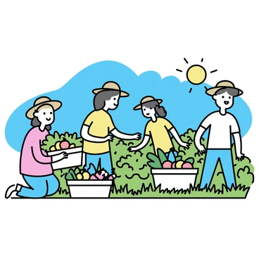 A group of farmers, wearing light-colored shirts and straw hats, are picking ripe fruits and vegetables in a lush green field. The sun is shining brightly in the clear blue sky. Baskets filled with colorful produce, including tomatoes, cucumbers, and oranges, are placed nearby. The farmers are smiling as they work together, surrounded by rows of healthy plants.