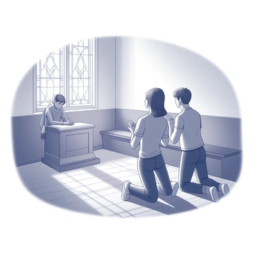 A small group of three individuals is gathered in a modest chapel. They are kneeling on the worn wooden floor, with their hands clasped in prayer. The chapel has simple wooden pews lined against the walls, and a small altar adorned with a white cloth at the front. Light filters through stained glass windows, casting intricate patterns on the floor. The atmosphere is intimate and reflective, with the individuals dressed in casual, everyday clothing.