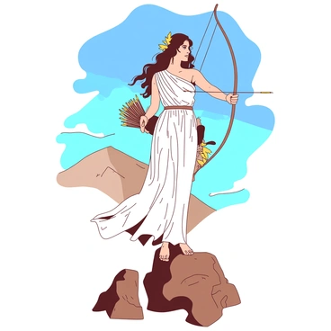 A Greek goddess of the hunt with a golden bow on a mountain peak