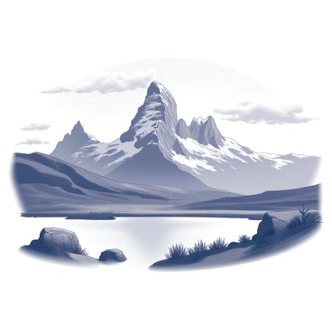 Mount Fitz Roy rises dramatically in the background, characterized by its jagged peaks and rugged terrain. The mountain is surrounded by a landscape of rocky outcrops and sparse vegetation, creating a stark contrast with its prominent silhouette. In the foreground, a smooth, reflective lake mirrors the towering mountain, enhancing the sense of scale. The sky above is filled with soft, wispy clouds, capturing the light and texture of the setting sun, while the overall scene is rendered in monochrome tones.