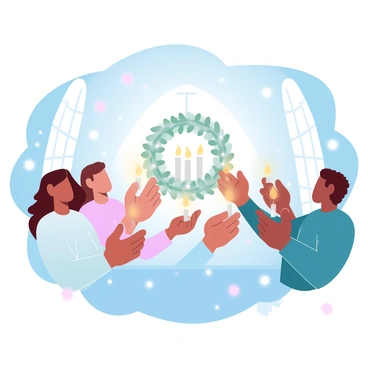 A warm candlelight Advent service is taking place inside a beautifully decorated church. Congregants are holding lit candles, casting a soft glow on their faces and illuminating the surrounding area. The church is adorned with evergreen decorations and twinkling lights. In the background, a large Advent wreath with four candles is prominently displayed. The overall ambiance is filled with the warm tones of flickering candlelight, creating a peaceful setting for the service.