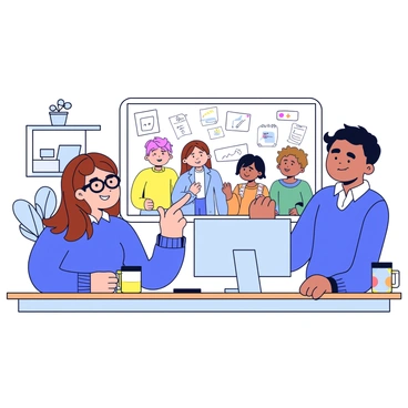 A digital setup featuring a cartoon illustration of a tutor with long brown hair, wearing glasses and a blue sweater. The tutor is smiling and pointing at a digital whiteboard filled with colorful drawings and notes. On the screen, several cartoon students can be seen, diverse in appearance, attentively looking at the tutor. The background is a simple home office setting with a potted plant and a bookshelf. The tutor's computer is on a wooden desk, and a colorful mug sits beside it.