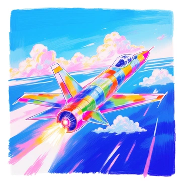 A jet fighter plane is depicted in mid-acceleration, its powerful engines roaring to life. The aircraft features a sleek, aerodynamic design with a pointed nose and sharp wings, showcasing intricate details like rivets and panel lines. It is painted in a camouflage pattern with shades of green and gray. The sky is a vibrant blue, devoid of clouds, allowing sunlight to reflect off the plane's metallic surface. The jet leaves a trail of vapor as it ascends, emphasizing its speed and motion.