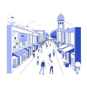 A bustling street scene in Mannheim, filled with people walking and cycling. Storefronts line the street, showcasing various products through their large windows. In the background, there are iconic landmarks visible, such as the Water Tower with its distinctive dome and surrounding gardens. The street is lively, with pedestrians interacting and street vendors selling food items. Trees are planted along the sidewalk, providing some shade to the scene. The atmosphere is filled with the energy of city life, emphasizing movement and activity.