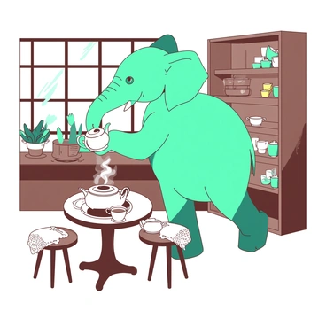 A teal elephant is standing on its hind legs in a quaint little teashop. The elephant is gracefully holding a white teapot with its trunk, pouring tea into a small white cup on a wooden table. Surrounding the table are several small round tables with white lace tablecloths. The teashop is decorated with colorful teacups on shelves, and there are potted plants in the corners. Sunlight is streaming through the large windows, illuminating the cozy atmosphere.