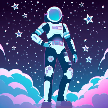 A digital character in a sleek, high-tech space suit stands confidently, equipped with glowing accents and intricate details. The character is actively navigating through a vibrant galaxy filled with countless virtual stars, each one shining in various colors and pixelated forms. The surrounding space is rich with swirling cosmic clouds and digital nebulae, creating a dynamic backdrop. The character's visor reflects the brilliance of the stars, and there are holographic controls displayed in front of them, indicating their navigation path through the vast, virtual expanse.
