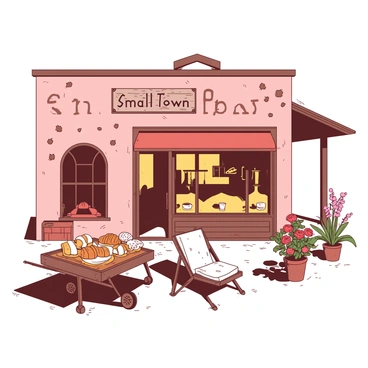 A building with a charming rustic exterior indicates a small-town bakery. The bakery's sign, made of wood, features the words "Small Town Bakery" in elegant lettering. In front of the bakery, there is a wooden cart filled with fresh bread and pastries, including croissants and baguettes. Nearby, a pair of cozy chairs are set on a small patio, adorned with flower pots overflowing with colorful blooms. A warm glow emanates from the windows, suggesting a welcoming atmosphere inside. The overall scene conveys a sense of community and comfort.