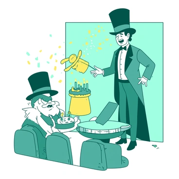 A teal magician wearing a classic black top hat and a matching tuxedo is standing on a small stage. He is mid-performance, pulling a vibrant yellow rabbit out of a yellow silk hat with a surprised expression. In the audience, Gojo, with his distinctive white hair and blindfold, is laughing while holding a slice of a birthday cake decorated with colorful candles. The stage is adorned with sparkling decorations, and a stream of yellow confetti is falling from above, adding to the festive atmosphere.