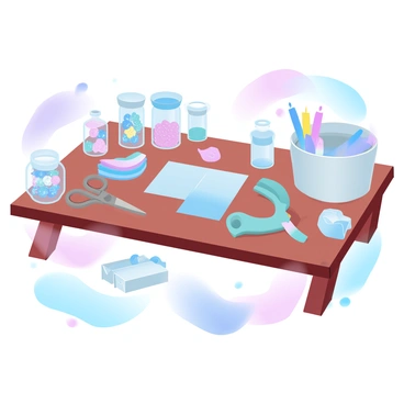 A crafting station is set up on a wooden table, showcasing an array of supplies for creating personalized party favors. There are colorful rolls of ribbons neatly arranged beside small jars filled with buttons in various shades. Scissors are placed next to a stack of blank tags and colorful paper. A glue gun rests on a small mat, alongside a collection of markers in vibrant hues. Beside the table, a large container holds an assortment of craft boxes ready to be decorated. The scene is illuminated by soft, diffused light that highlights the organized chaos of creativity.