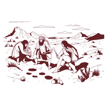 A group of prehistoric hunters is carefully navigating through a rugged landscape filled with jagged rocks and sparse vegetation. The hunters are wearing animal skins and displaying handmade tools. One of them is crouched down, examining footprints in the dirt, while another is scanning the horizon with a keen gaze. In the background, there are distant mountains under a vast sky. The atmosphere conveys a sense of focus and teamwork among the hunters as they track their quarry.