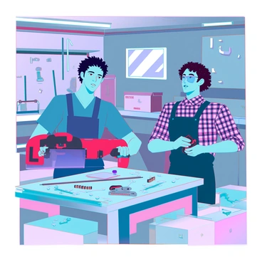Two men with various skin tones are collaborating on a DIY woodworking project in a cluttered garage. One man is tall with short black hair, wearing a blue apron, and is holding a circular saw. The other man is shorter with curly brown hair, wearing safety goggles and a plaid shirt, is measuring wood pieces with a tape measure. The garage is filled with tools, wood shavings, and boxes, with a workbench covered in screws, nails, and various clamps. Sunlight filters through a small window, casting shadows across the scene.