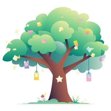 A large, majestic tree with a thick trunk and expansive branches is standing prominently in the center of the image. Its green leaves are lush and vibrant, some gently swaying in the breeze. The tree is adorned with colorful pieces of paper, each one representing a "wish" hanging from its branches, fluttering softly. Surrounding the tree are numerous glowing fireflies, their soft yellow light illuminating the area and creating a magical atmosphere. The ground is covered in a carpet of soft grass, and a few scattered flowers can be seen peeking through. The scene is filled with a sense of tranquility and wonder.
