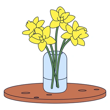 A still life arrangement featuring bright yellow daffodils in a clear glass vase. The vase is simple and cylindrical, emphasizing the flowers' vibrant color. The vase is positioned on a rustic wooden table with visible grain and natural imperfections. The table surface adds a warm, earthy tone to the composition.