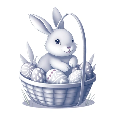 A fluffy bunny sitting inside a woven Easter basket. The bunny has soft fur and long ears, with its eyes wide open. The basket is filled with various painted eggs, each featuring intricate designs and patterns. The surrounding area includes grass and additional decorative elements that enhance the festive atmosphere of the scene.