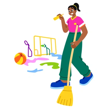 A player dressed in a colorful jersey is carefully maintaining their broomstick in a sunny outdoor setting. The broomstick features a sleek wooden handle with a bright, shiny bristle end. The player is focused, with one hand gripping the broomstick while the other holds a polishing cloth. Nearby, a set of colorful game supplies, including a vibrant ball and goalposts, are visible in the background. The scene captures the player's determination and attention to detail as they prepare for the game.