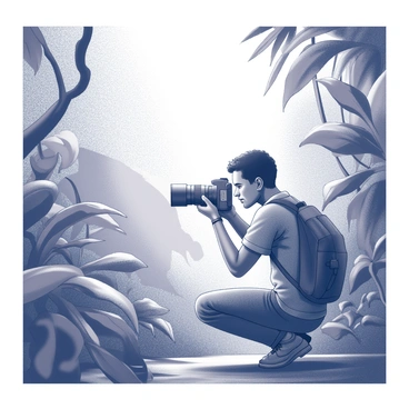 A photographer crouched among dense foliage in a jungle, focused on their task. They are holding a large telephoto lens aimed towards the underbrush. Surrounding them are various shades of green foliage, including large leaves and twisting vines. In the distance, a silhouette of an animal can be seen partially obscured by the dense vegetation. The photographer's expression shows concentration as they prepare to capture the moment. The light filters through the canopy overhead, creating dappled shadows on the ground and the photographer's equipment.