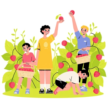 A group of four children with bright, cheerful expressions is picking ripe, red raspberries in a lush berry patch. Each child holds a small woven basket filled with berries. The children are dressed in colorful summer outfits, with a girl wearing a yellow dress and a boy in a blue t-shirt. The berry patch is surrounded by vibrant green leaves and bushes loaded with glistening, juicy raspberries. Sunlight filters through the leaves, casting playful shadows on the ground. One child is reaching up high to pick a berry, while another is crouching down, inspecting the ground for ripe fruit.