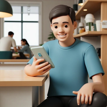 A person, wearing a blue t-shirt and black jeans, is sitting at a wooden table with their phone in hand. They are smiling as they navigate a password manager app on their device, which displays a "lock" symbol prominently on the screen. The phone is angled slightly toward the viewer, showcasing the app's interface. In the background, there is a cozy coffee shop setting with soft lighting and other patrons enjoying their drinks.