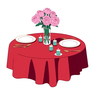 A red tablecloth covers a small round table set for two. On the table, there is a white porcelain plate with a delicate gold rim for each setting. In the center, a clear glass vase holds a bouquet of pink ranunculus flowers, their petals soft and layered. Surrounding the vase are several small teal candles, gently glowing and casting a warm light across the table. Each candle is positioned on a small white plate, enhancing the romantic ambiance. A silver fork and knife neatly lie beside each plate, completing the elegant table setting.