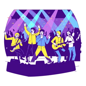 A yellow band is performing energetically on stage, with each member displaying animated expressions as they play their instruments. The lead singer, dressed in vibrant blue attire, is passionately engaging with the audience. Surrounding them are colorful stage lights casting dynamic patterns that illuminate the scene, creating an electric atmosphere. In the background, the silhouettes of enthusiastic fans are visible, raising their hands in excitement and enjoying the performance. The overall scene captures the lively spirit of the concert.