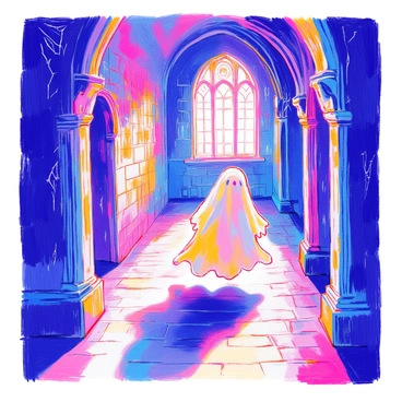 A gentle ghost with a translucent, flowing form is drifting through a dimly lit gothic hallway. The ghost is faintly illuminated, revealing delicate features and wispy tendrils that trail behind. The hallway is lined with old stone walls, adorned with intricate carvings. Cobwebs hang from the corners, catching the faint light. Shadows loom long along the floor, enhancing the mysterious atmosphere of the scene. A large, arched window can be seen in the background, its glass partially obscured by grime.