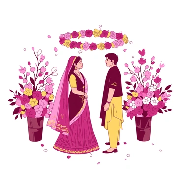 A vibrant scene depicting a varmala ceremony. In the center, a couple stands facing each other, adorned in traditional attire. The bride wears a richly colored gown embellished with intricate patterns, while the groom is dressed in a contrasting outfit with decorative elements. Above them, a garland of colorful flowers is being exchanged, symbolizing their union. Surrounding the couple, a variety of blossoming spring flowers in shades of pink and yellow fill the background, creating a lively and festive atmosphere. Delicate petals from the flowers gently fall around them, enhancing the romantic setting.